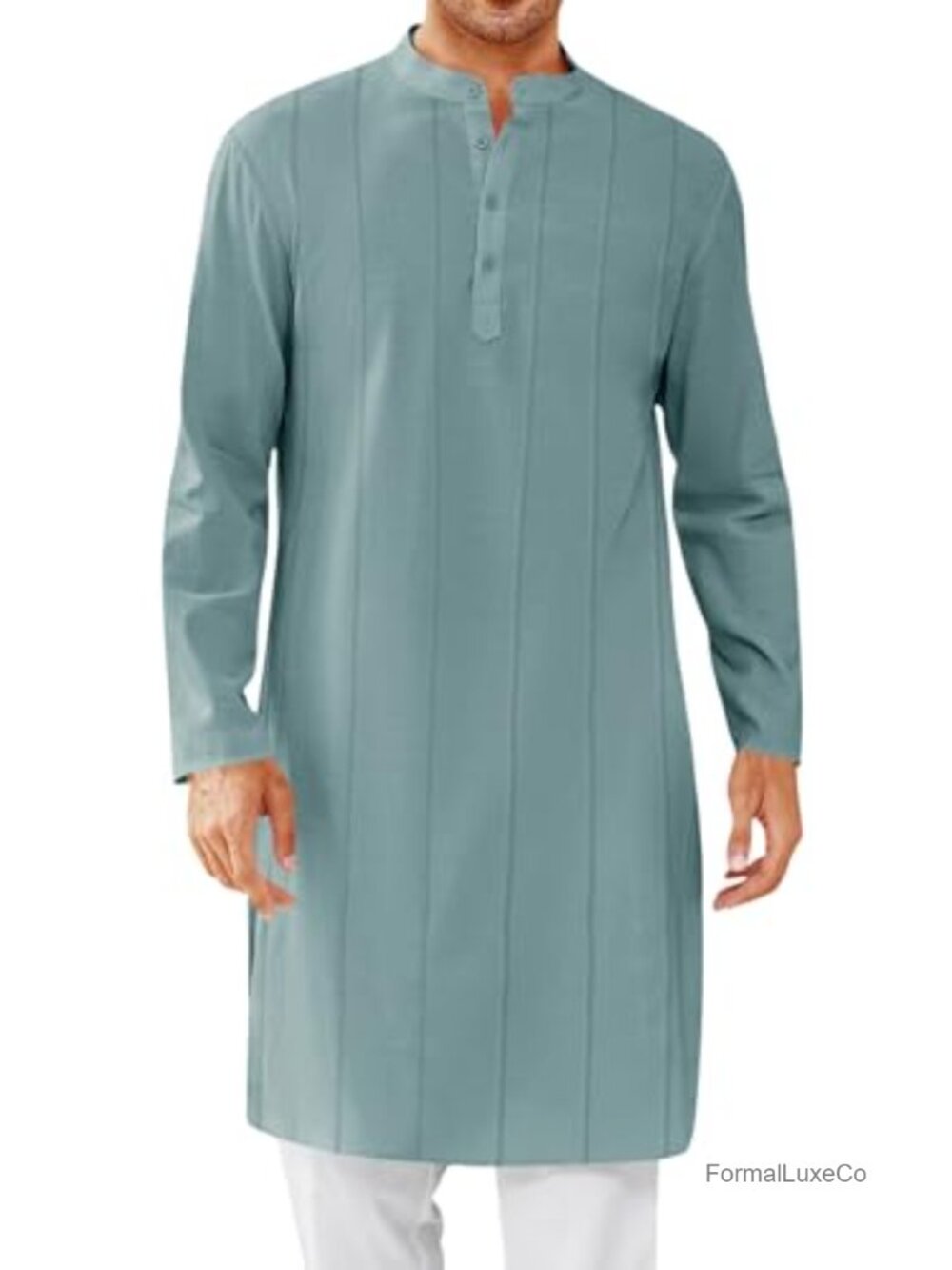 Mens Kaftan Thobe Henley Button Down Robe Long Sleeve Cotton Blend Pleated